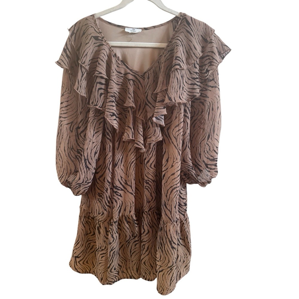 Entro Tan Black Zebra Print Mini Dress Sz Small Ruffled V Nevkline Tiered Skirt